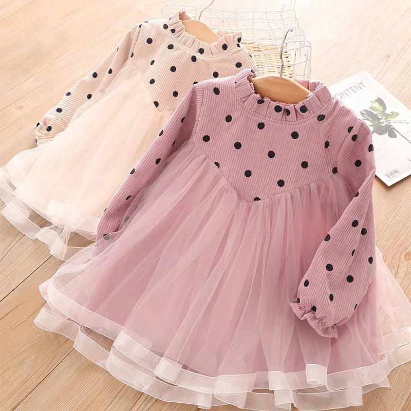 

Winter Warm 2 3 4 6 8 10 Year Children Lace Patchwork Dot Print Crew Neck Winter Thickening A-LINE Kids Baby Girl Dress