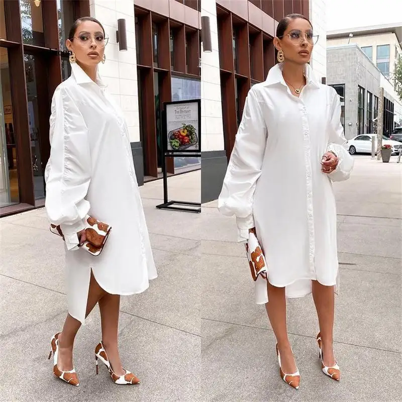 Women Oversized Shirt Dress Casual Turn-Down Collar Button Lantern Sleeve Blouse Dress Solid Color Loose Streetwear Dresses