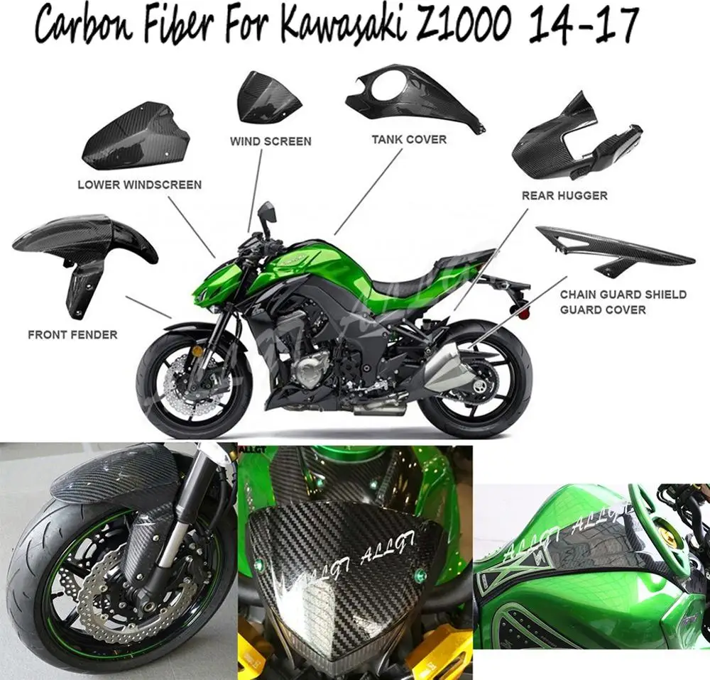 

3KTwill Carbon Front Rear Fender Hugger & Chain Guard Shield Guard Cover& Windscreen For Kawasaki Z1000 2014 2015 2016 2017