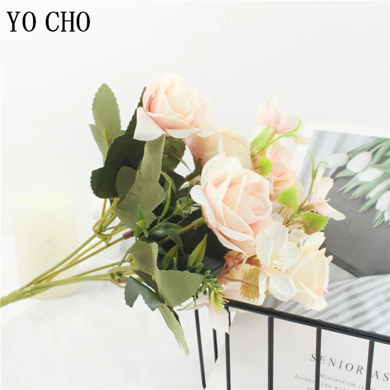 YO CHO1 Bunch 7 Forks Rose Hydrangea Silk Flower Artificial Flowers Rose Holding Wedding Bouquet For Home Party Table Decoration