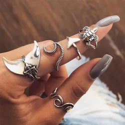 5Pcs 1Set Boho Women Rings Set Geometric Turtle Whale Tail Waves Ring Charm Waves Rings Lady Jewelry Lover Gift