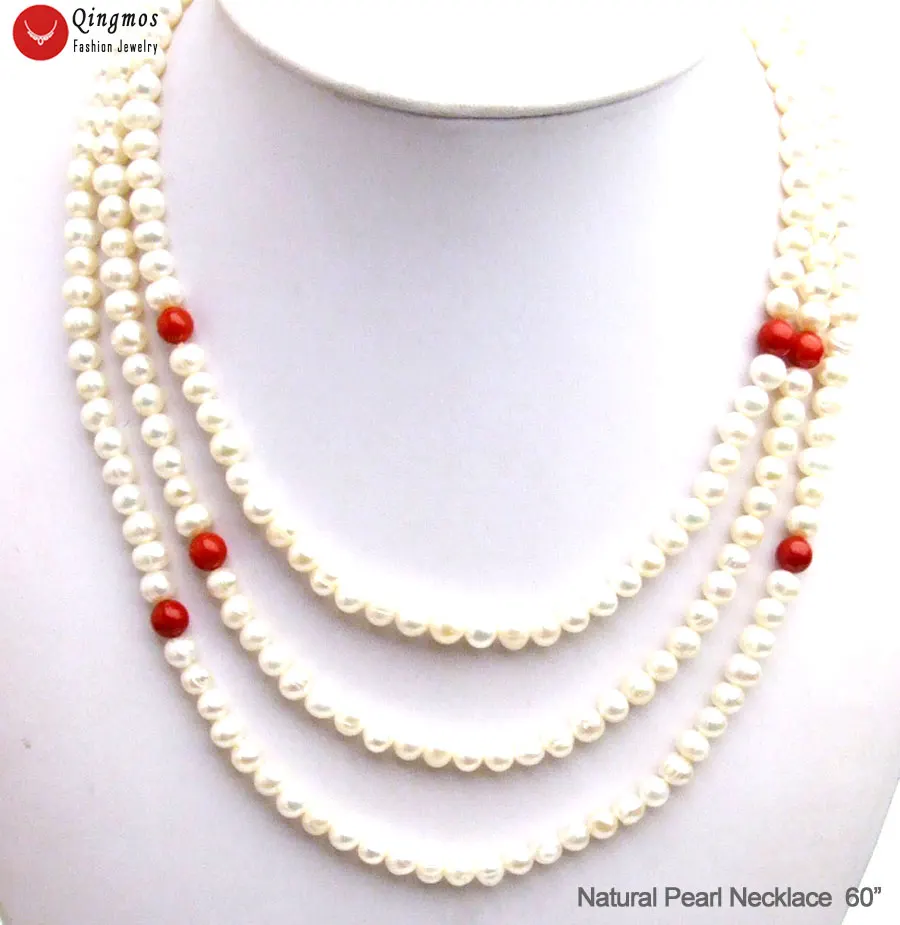 

Qingmos Natural White Pearl Necklace for Women with 6-7mm Round Freshwater Pearl 6mm Round Red Coral Necklace 60" Long Necklace