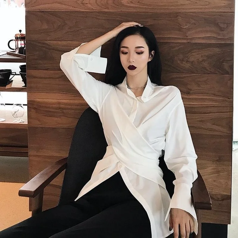 Shirts Women Long Sleeve Fashionable Chic Slim Irregular All-match Casual Feminino Tops Korean Style Spring Popular Stand Collar