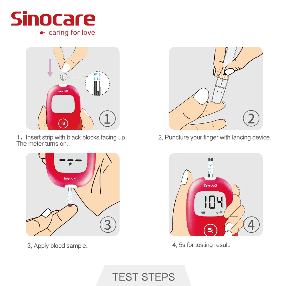 Sinocare Blood Glucose Meter Safe AQ Smart Mg/dL Mmol/L Diabetes Glucometer Kit & Test Strips Lancets Painless Blood Sugar Teste
