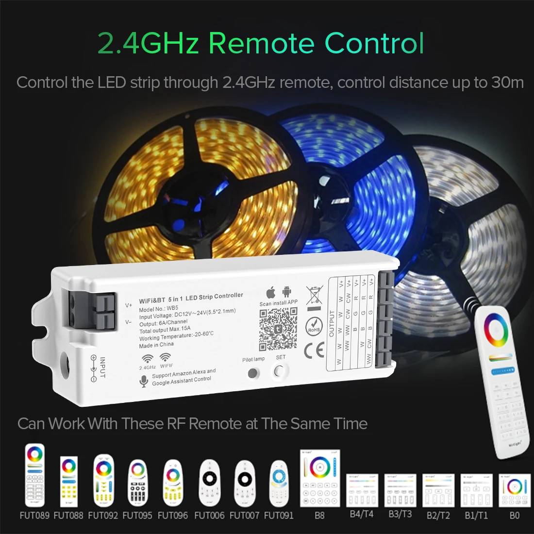 Wifi Alexa Voice 5 in 1 Google Assistance Controller 5CH RGB RGBW CCT Dimmer Bluetooth LED Light Strip IOS Android Tuya 12V 24V