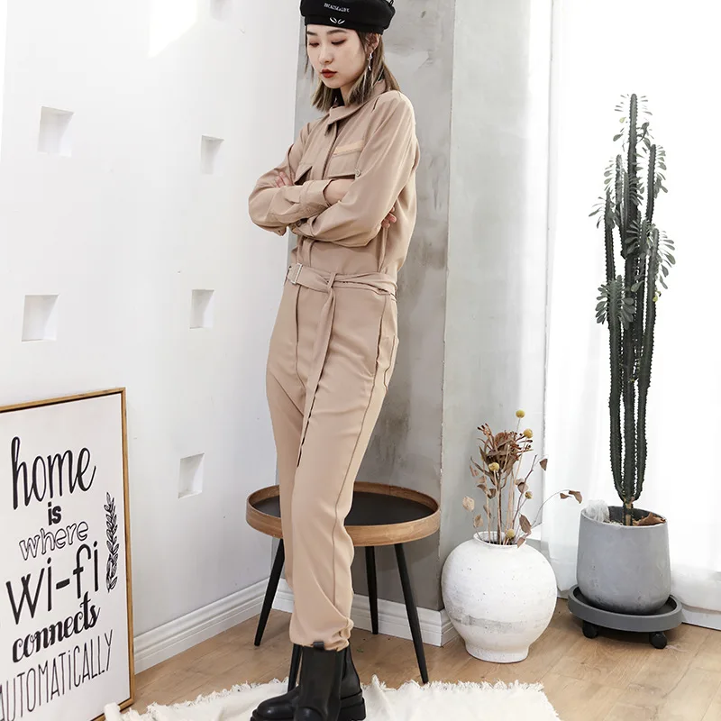 Jumpsuit Kargo Wanita Musim Semi dan Musim Gugur Baru Desain Ritsleting Ramping Khaki Kasual Celana Ukuran Besar Kepribadian