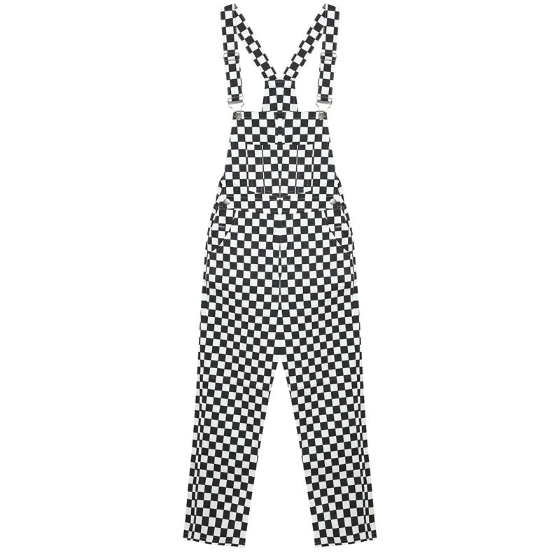 Black White Plaid Mosaic Checkerboard Lattice Overalls Women Men Harajuku Loose Bib Pants New Retro Old School Hip Hop Style