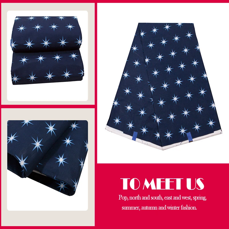 Tela de algodón de cera Real Africana, tejido de costura de alta calidad azul marino, Material textil artesanal, estampado de estrellas, 6 yardas para vestido