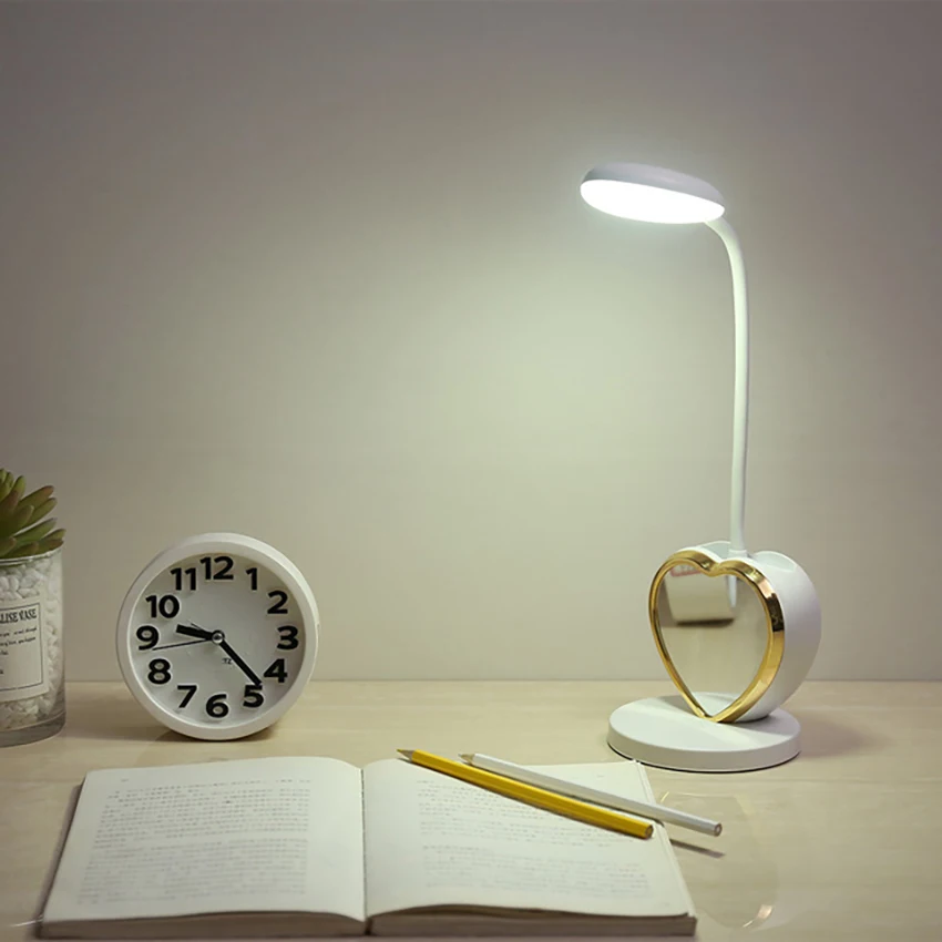 LED Desk Lamp for Girls, Rechargeable LED Desk Lamp with USB Charging Port & Pen Holder, Eye-Caring Dimmable Learning Light