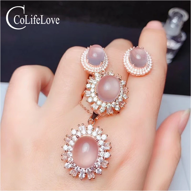 CoLife Jewelry Silver Gemstone Jewelry Set for Party 4 Pieces Natural Rose Quartz Jewelry 925 Silver Ring Earrings Pendant Set