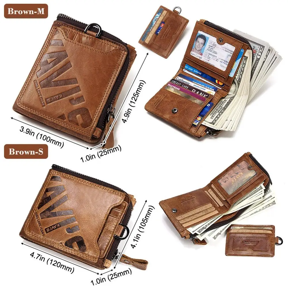 KAVIS Crazy Horse Leather Men Wallets Vintage Cowboy Travel Wallet Card Holder Fashion Coin Purse for Women with Extenal Cardbag