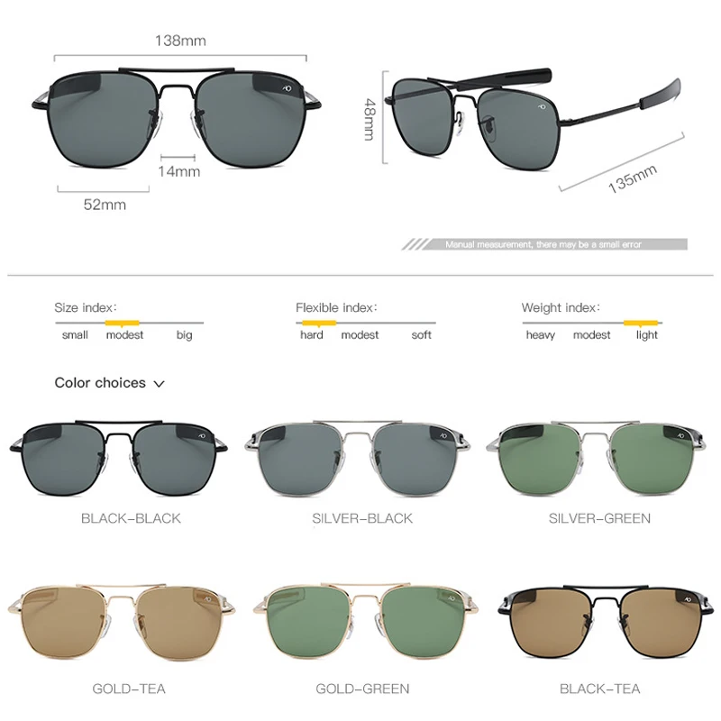 2021 Retro military fashion army to pilot 52mm sunglasses brand American lens optical glass sunglasses lunette de soleil homme