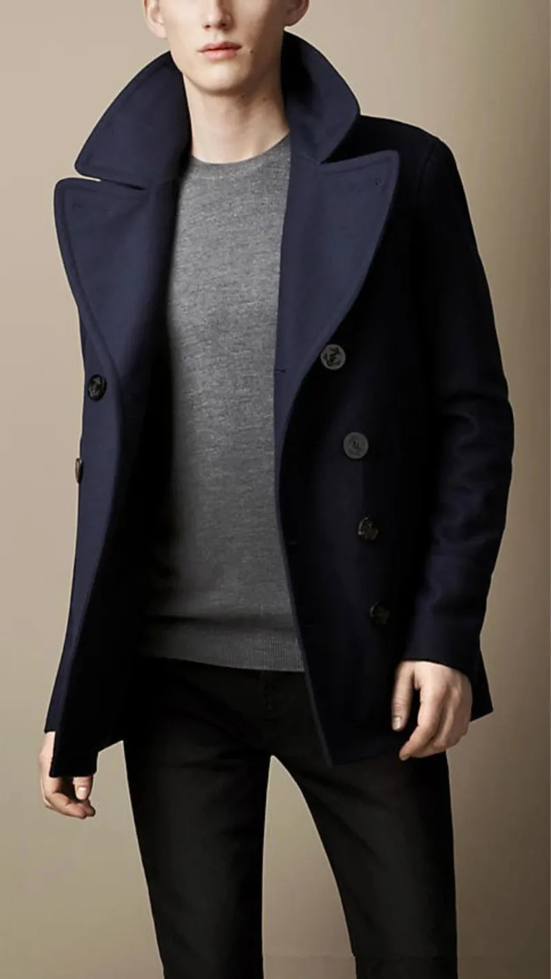 New short men\'s casual fashion double-breasted suit collar wool and velvet blended jacket coat