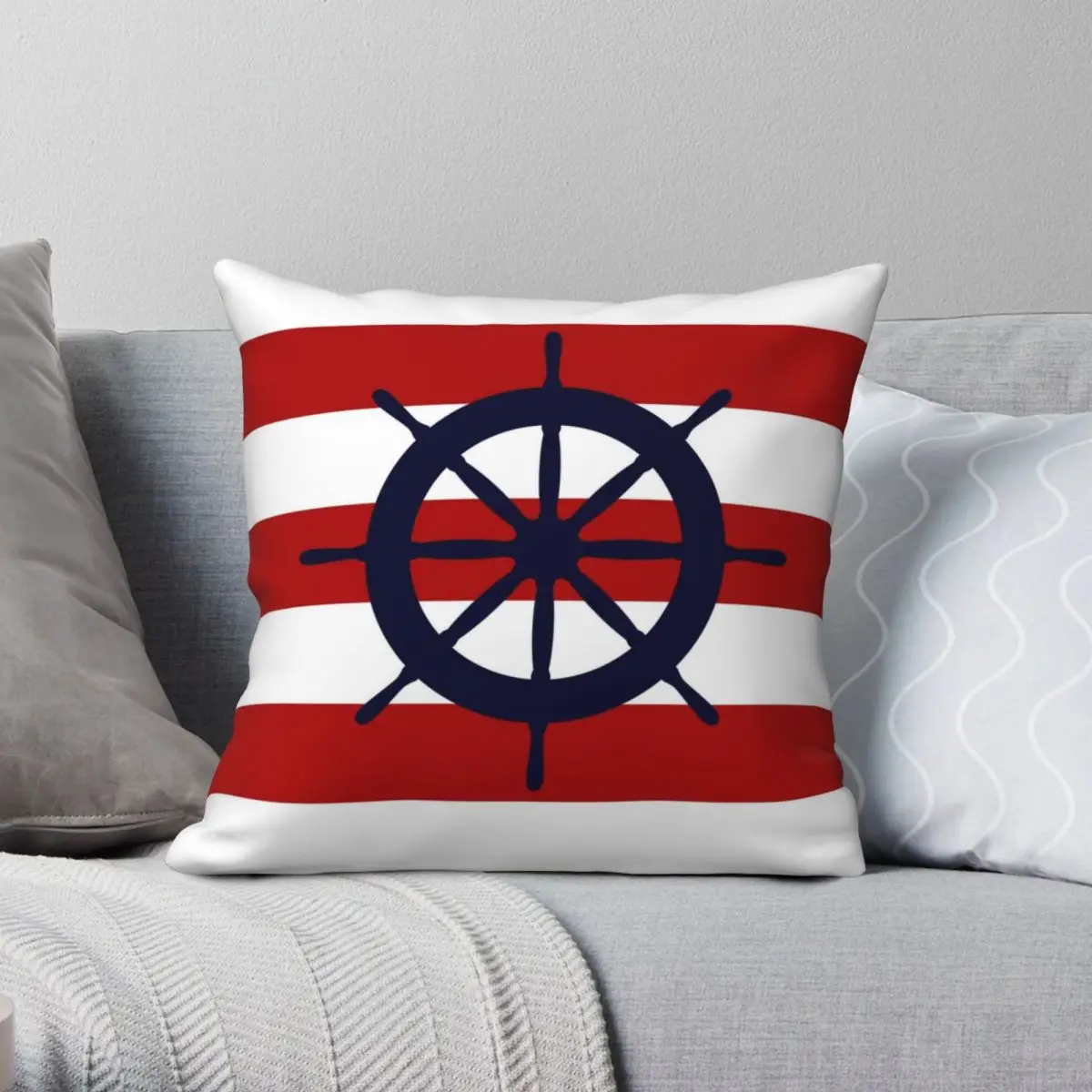 

Nautical Navy Blue Ship's Steering Wheel On Red Stripes Square Pillowcase Polyester Linen Velvet Zip Decorative Bed Cushion