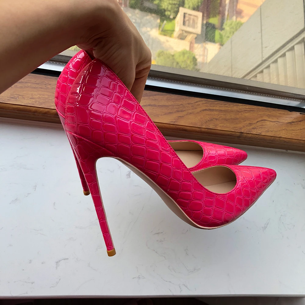 Tikicup Rose Pink Women Crocodile Effect Stiletto Pumps Pointed Toe Slip On 8/10/12cm High Heels Ladies Party Dress Shoes