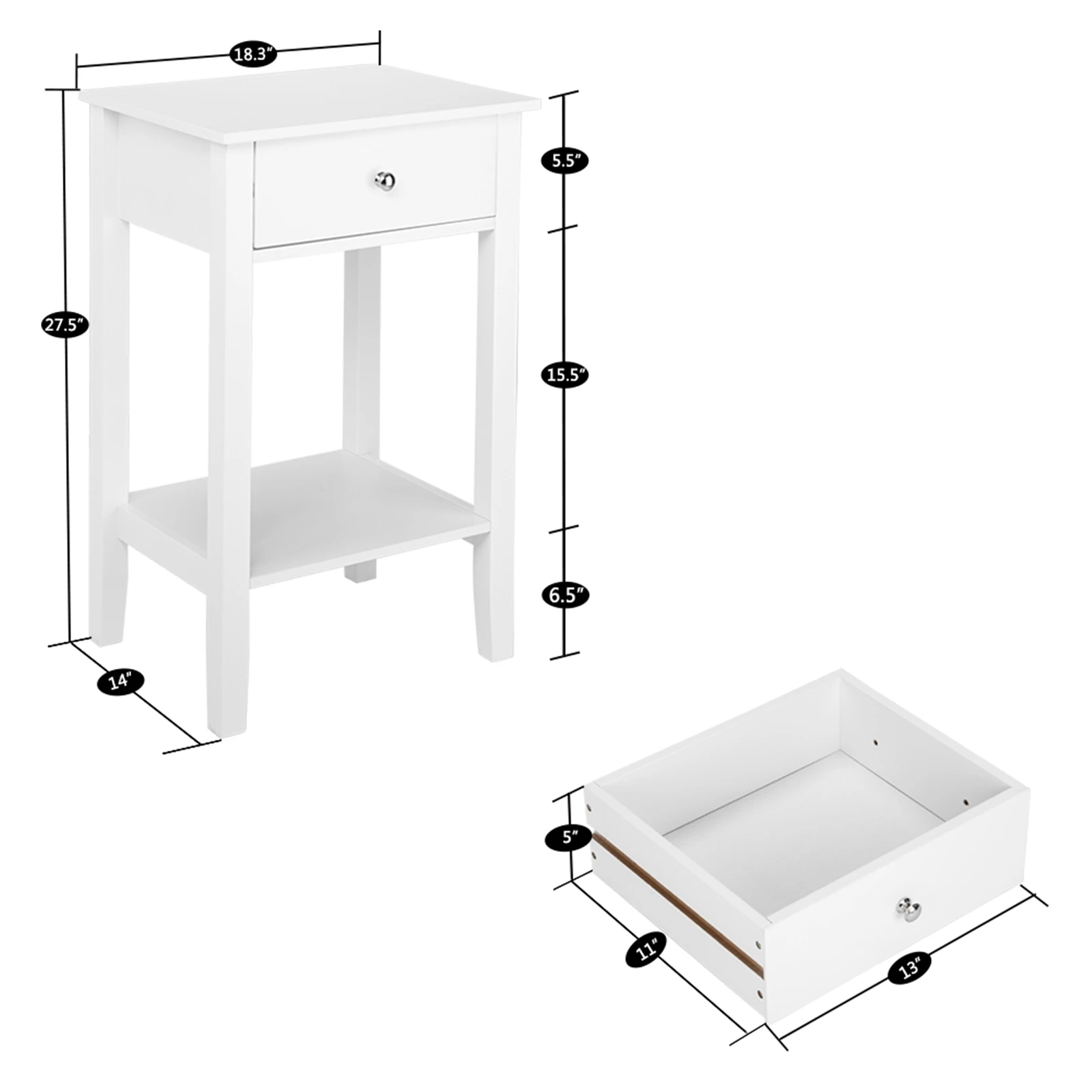 46x35x70cm Two-layer Bedside Table Coffee Table Nightstand Side Table with Drawer White for Bedroom