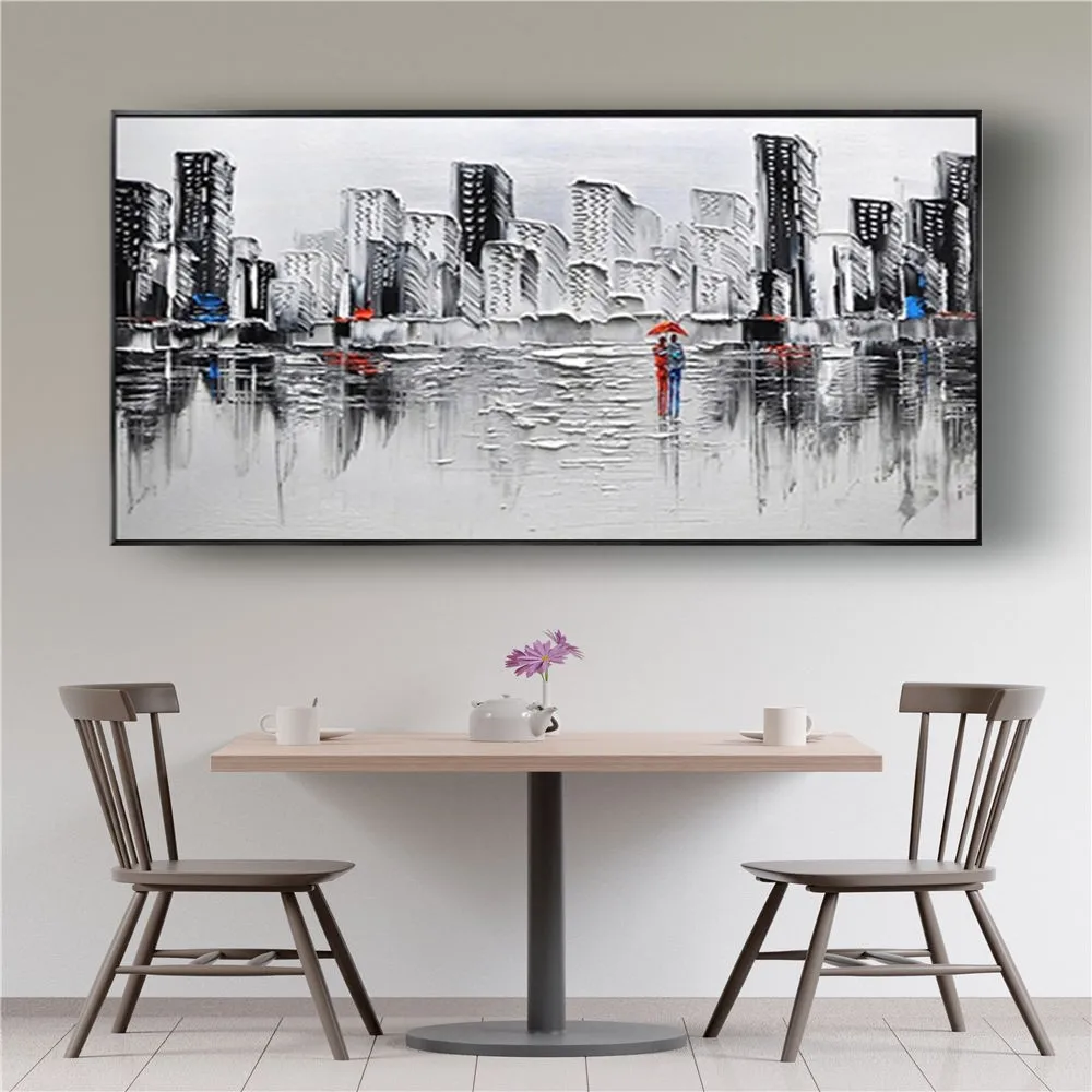 

Large-Size Hand-Painted Oil Paintings Knife Picture City Scenery Off-White Tone Canvas Poster For Modern Home Decor Wall Art