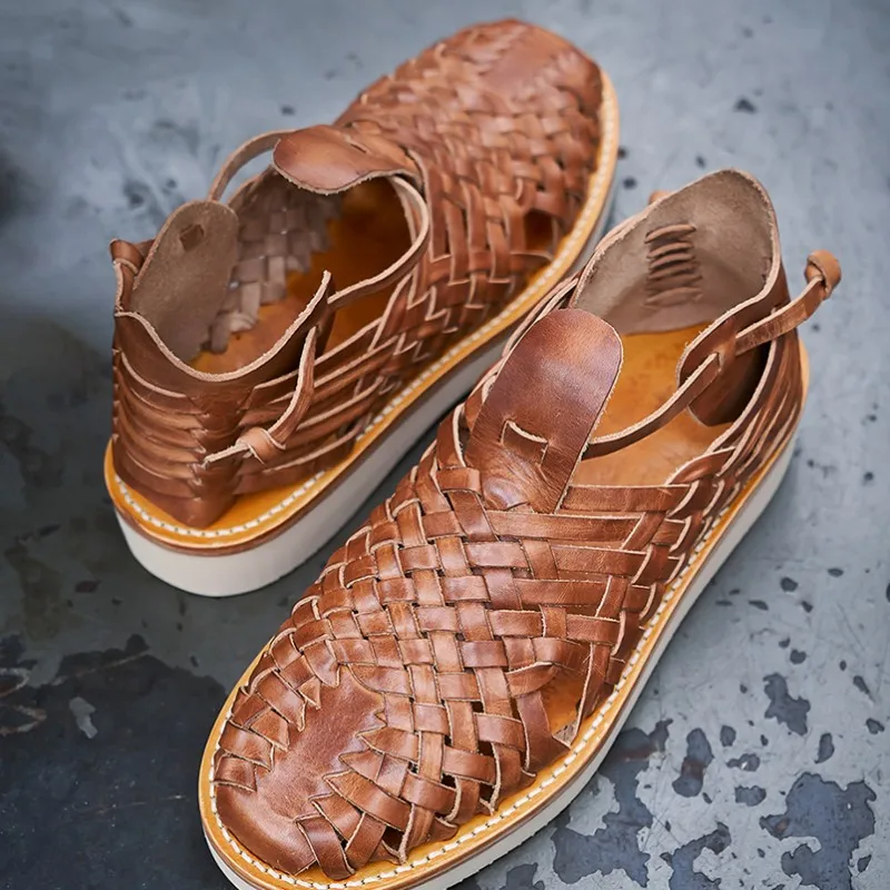 New Mens Vintage Genuine Leather Weave Thick Bottom Manual Sandals Hasp Design Cowhide Fashion High Quality Casual Sandals