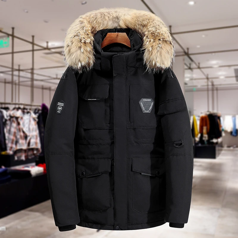 -30 Degree Down Parkas Snow Jacket Men Winter Jacket White Duck Down Parkas Thicken Coat Fur Hooded Thick Warm Windbreaker Men