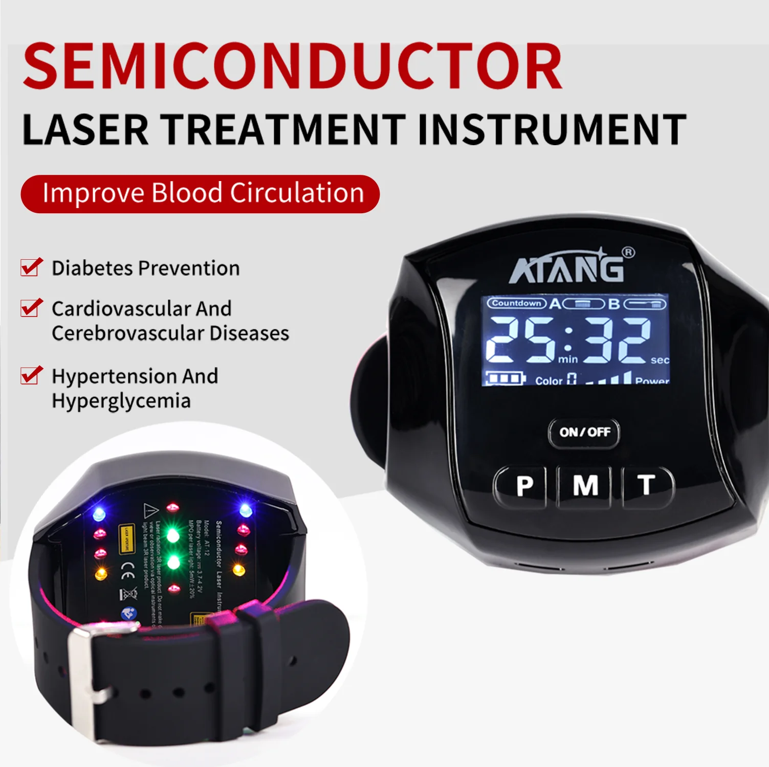 ATANG New Product Laser Therapy Watch Improve Blood Flow Treat Diabetes or Hypertension Laser Watch With Blue Yellow Green Light