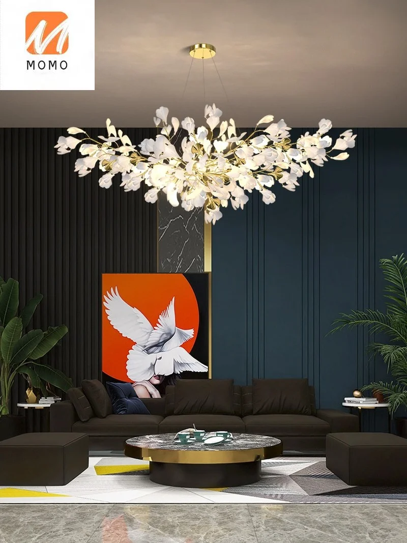 Villa Living Room Chandelier Light Luxury Duplex Building Headlight Dining-Room Lamp Creative Personality Art Ginkgo Leaf 2021