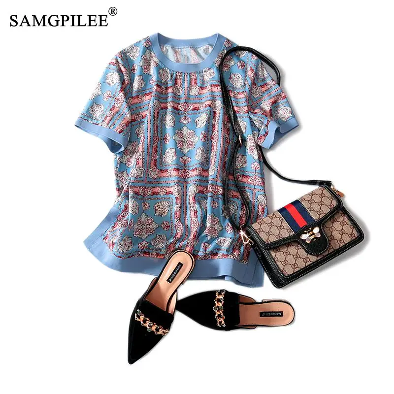 

Vintage Tshirt Women Loose Short-sleeved Print T-shirt Casual O-neck Polyester Top Shirt Ropa Mujer Chiffon Tshirt