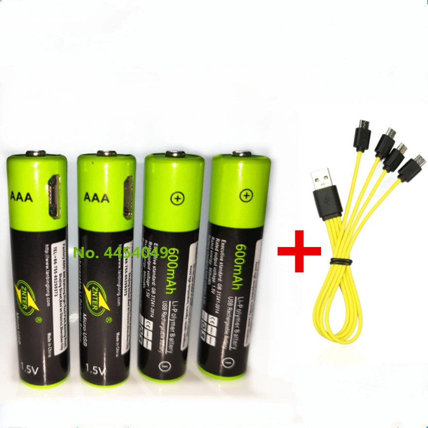 Znter-bateria recarregável de polímero de lítio, 1.5v, aaa, 600mah, usb, carregamento rápido, cabo micro usb