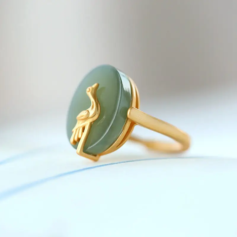 Bague réglable en jade naturel incrusté d'argent pour hommes et femmes, ouverture de grue nuage Hetian, bijoux rétro simples, original, designer, nouveau