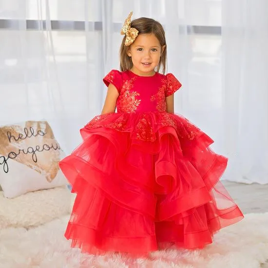 

Ball Gown Flower Girl Dress Lace Organza Baby Girls Birthday Party Dresses Cap Sleeves Puffy First Communion Dress