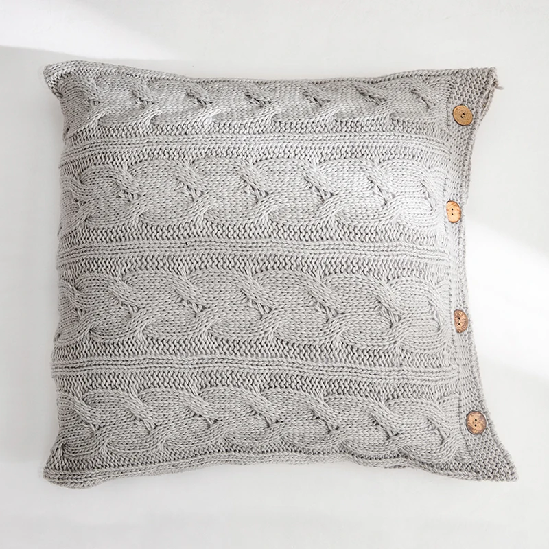 Soft Cotton Plait Knit Cushion Cover Vintage Ivory Grey Pink  Solid Pillow Case 45cm*45cm Button Open Home Decoration Nordic
