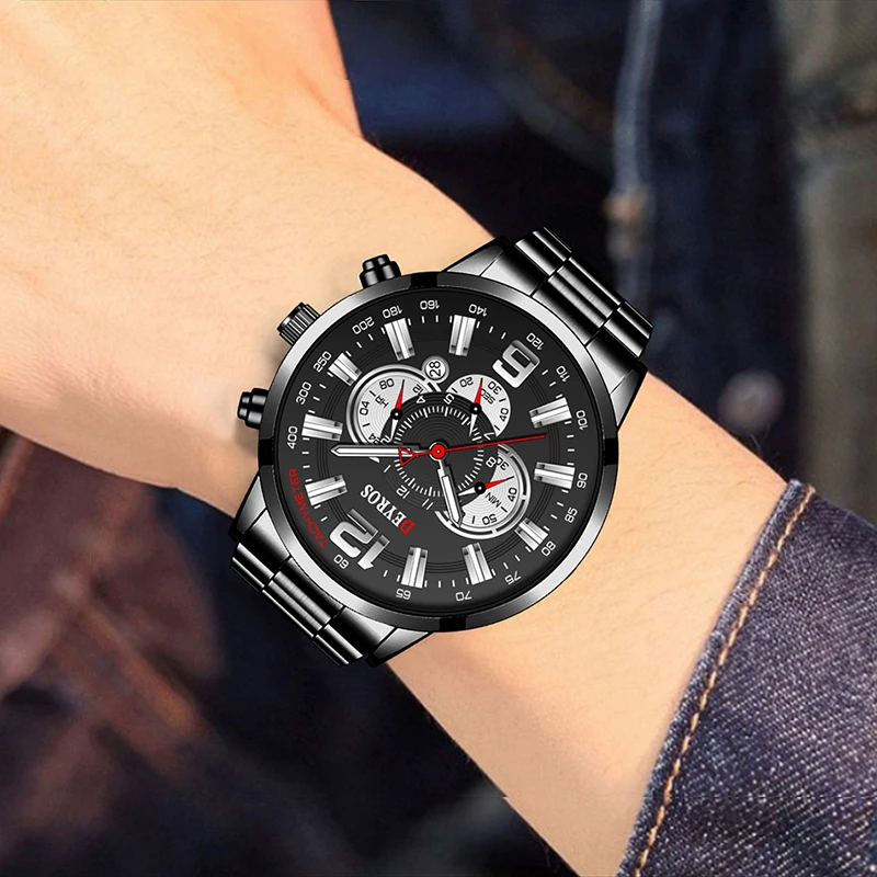 Fashion Mens Sports Watches Men Stainless Steel Quartz Wrist Watch Calendar Luminous Clock Man Business Casual Leather Watch