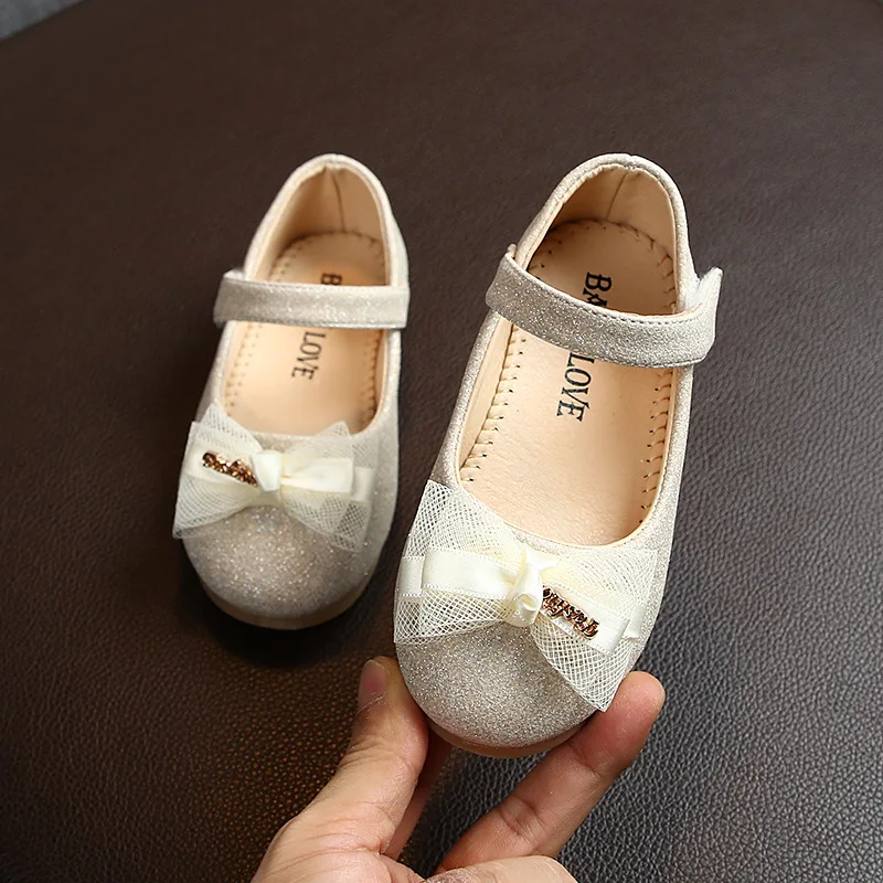 Kids Flats For Girls Shoes Toddlers Little Girl Children Dress Shoes Glitter Leather With Lace Bow-knot Princess Wedding Shoes