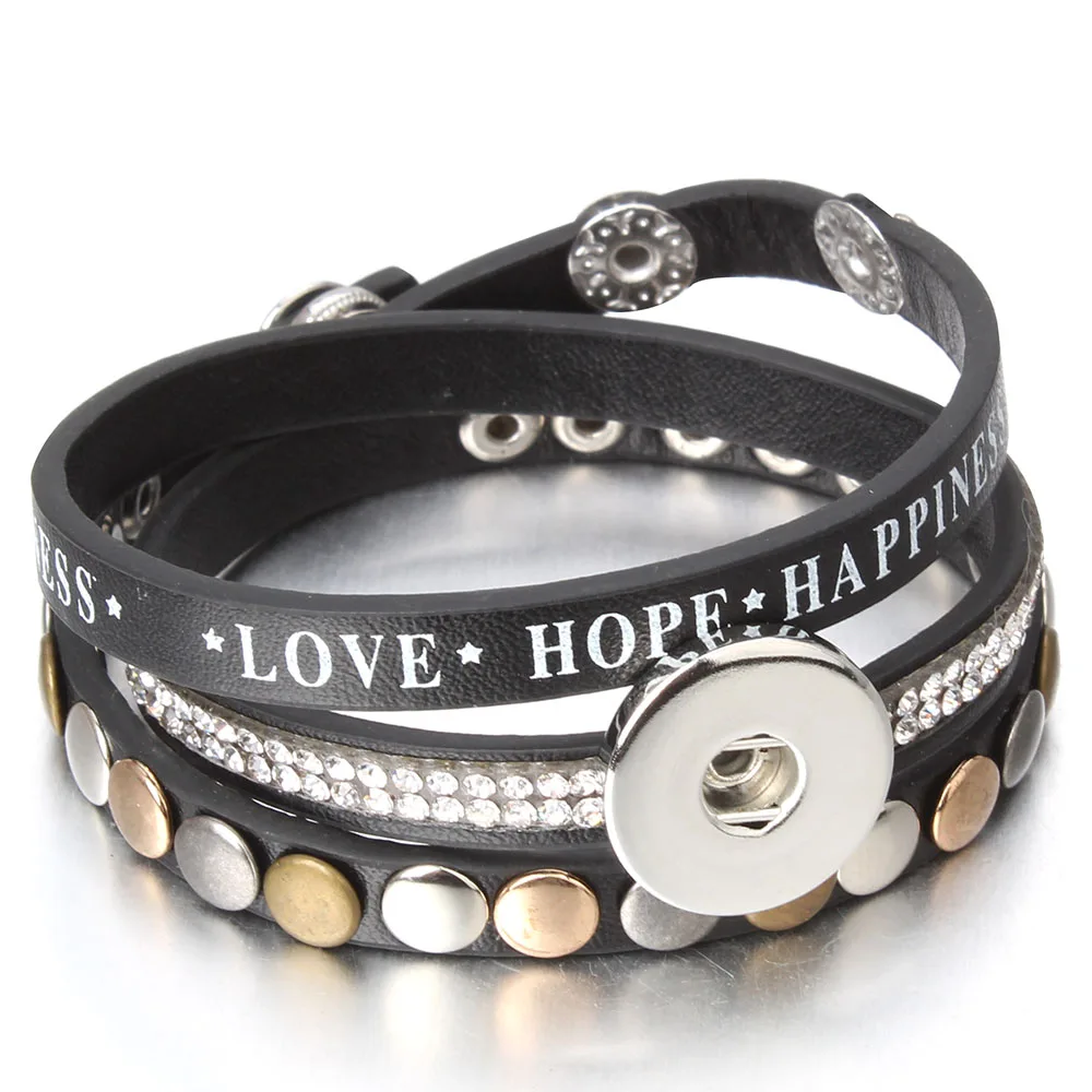 Leather Snap Button Bracelet For Women DIY Charm 18MM 12MM Snaps Crystal Boho Multi Layer Wrap Bracelet Femme Jewelry ZE484