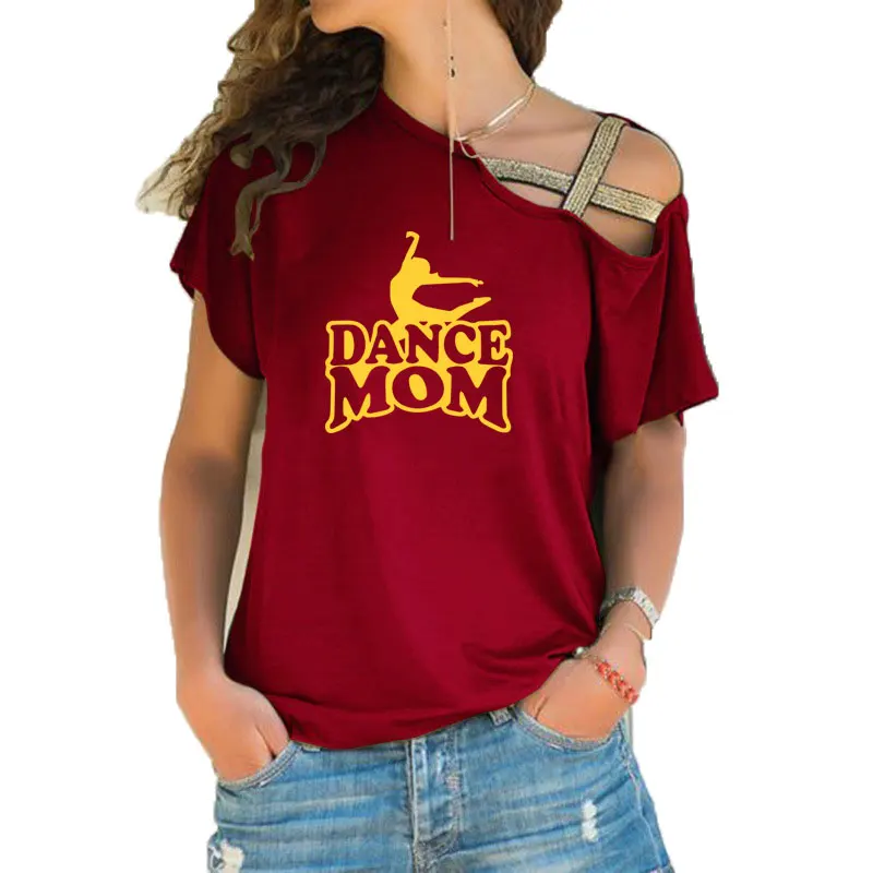 Women Dance Mom graphic t shirt Women\'s Short Sleeve fashion new tshirt Irregular Skew Cross Bandage tee tops
