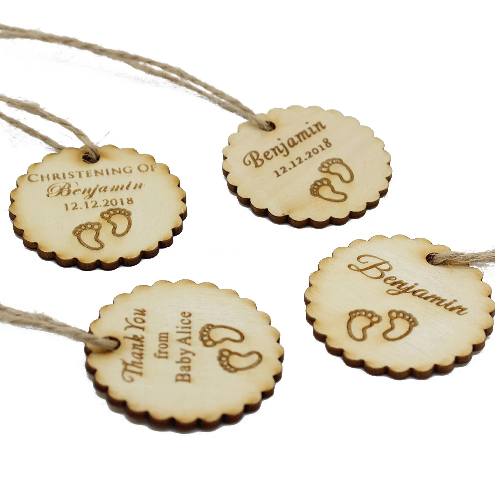 Étiquettes en bois gravées personnalisées, décoration de cadeaux de fête, cadeaux de baptême, baby shower, faveurs de mariage, 50 pièces