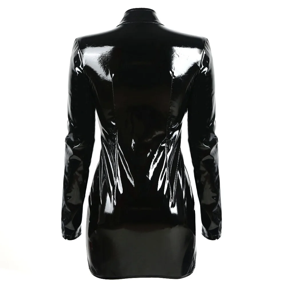 

Sexy Women Latex Rubber Buckle Dress Keyhole Bust Zipper Black PVC Sexy Faux Leather Cupless Vinyl Club Mini Dress