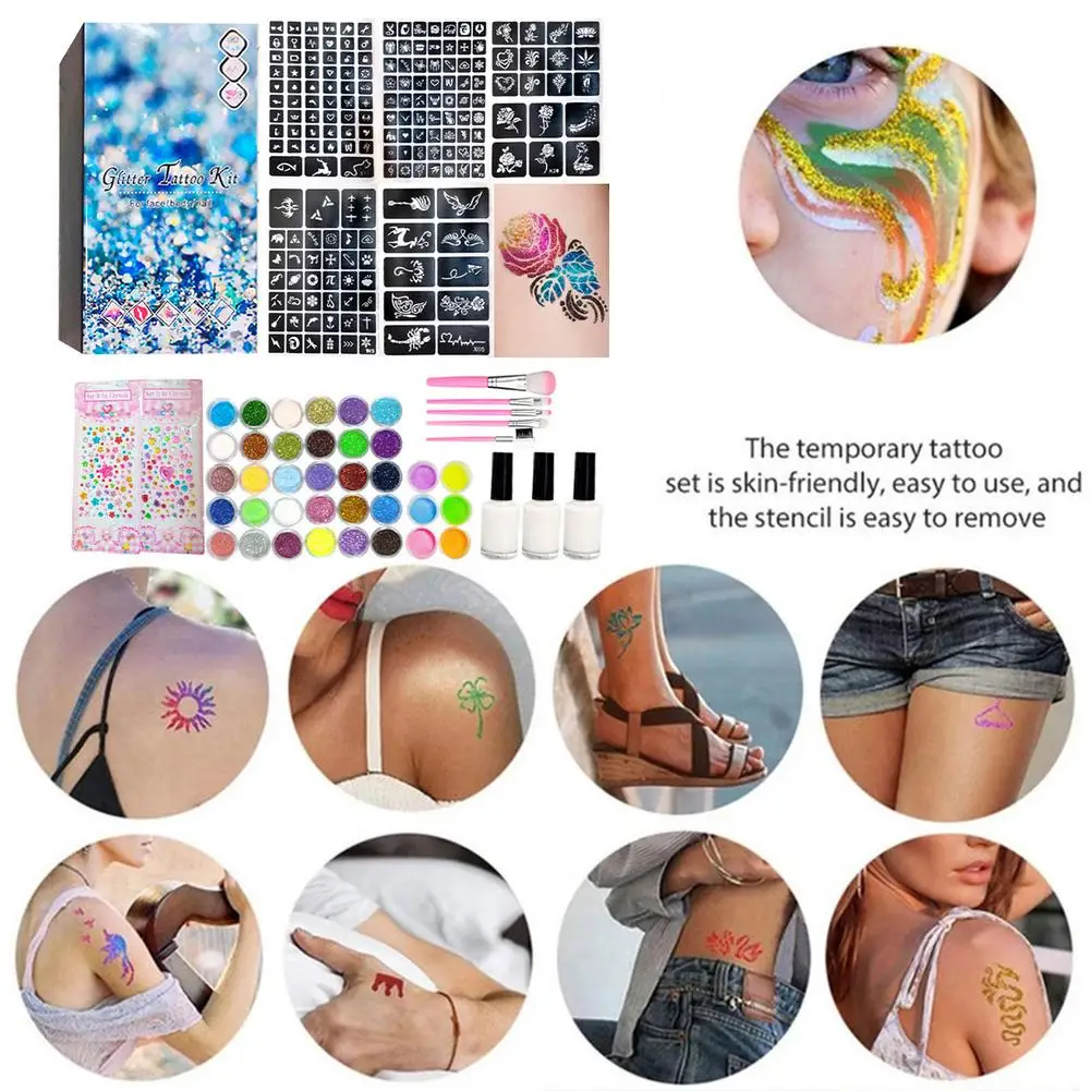 Glitter Tattoo Kits 200 Templates Diamond Flash Temporary Tattoo Kits With Brushes Kids Adult Face Body Painting Art Tools Set