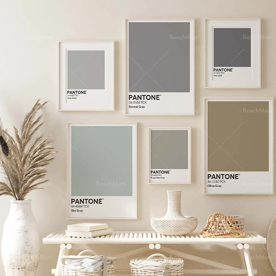 Set of 6 Prints Pantone Gray Colors, Mint, Green, Pastel, Olive, Light print set, digital poster gray colors swatch