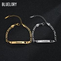 Bluelory Customized Engrave Name Women Heart Bracelets Gold Silver Color Stainless Steel Thick Chain Custom Jewelry