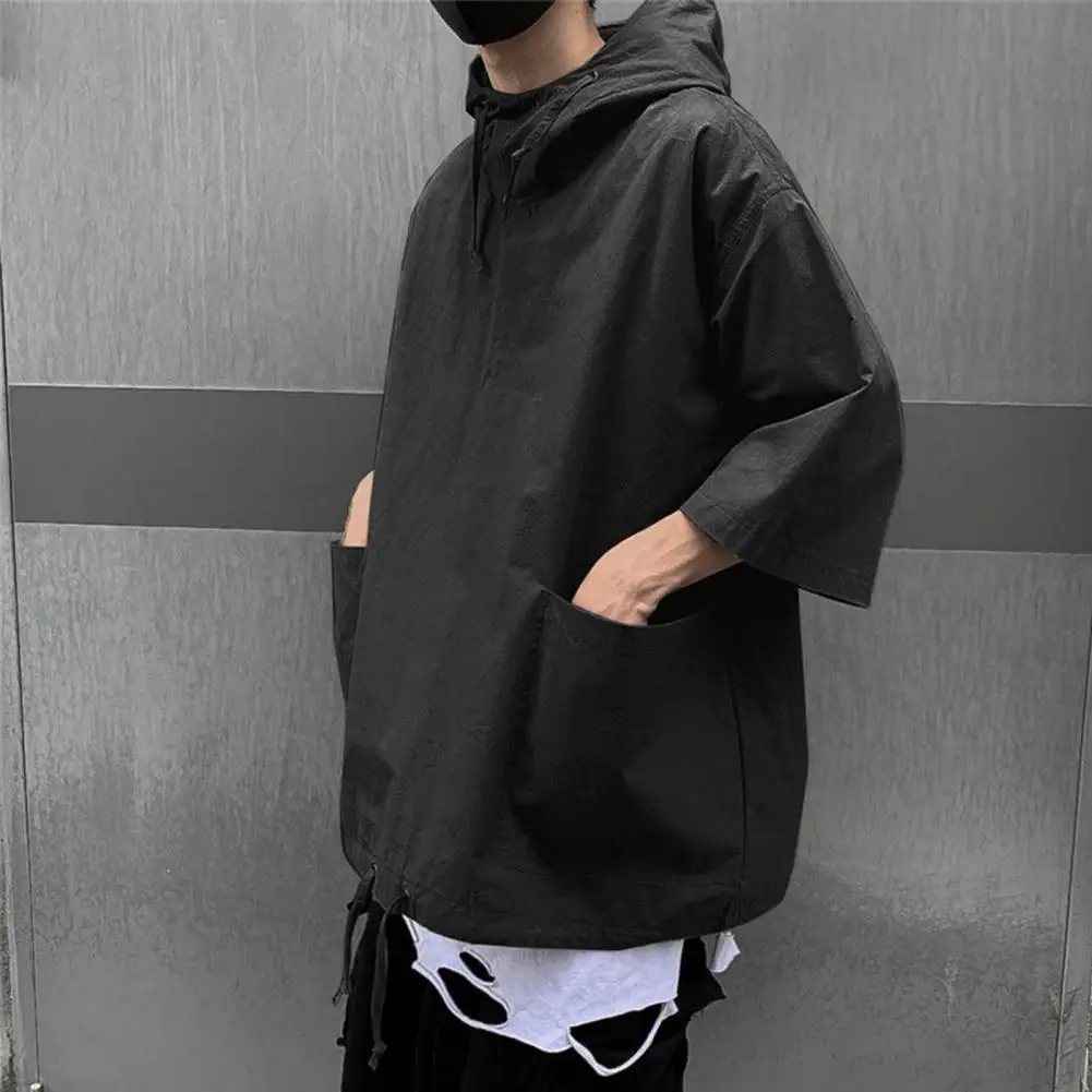 Dropshipping!! New Men\'s Pullover Hooded Half Sleeve Top Soft Big Pocket Loose T-shirt for Everyday