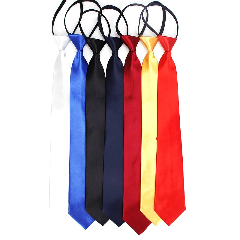 Pre-tied Shiny Students Zipper Ties For Women Boys Girls Slim Narrow Men Necktie Solid Red Black Navy Blue 8cm Necktie