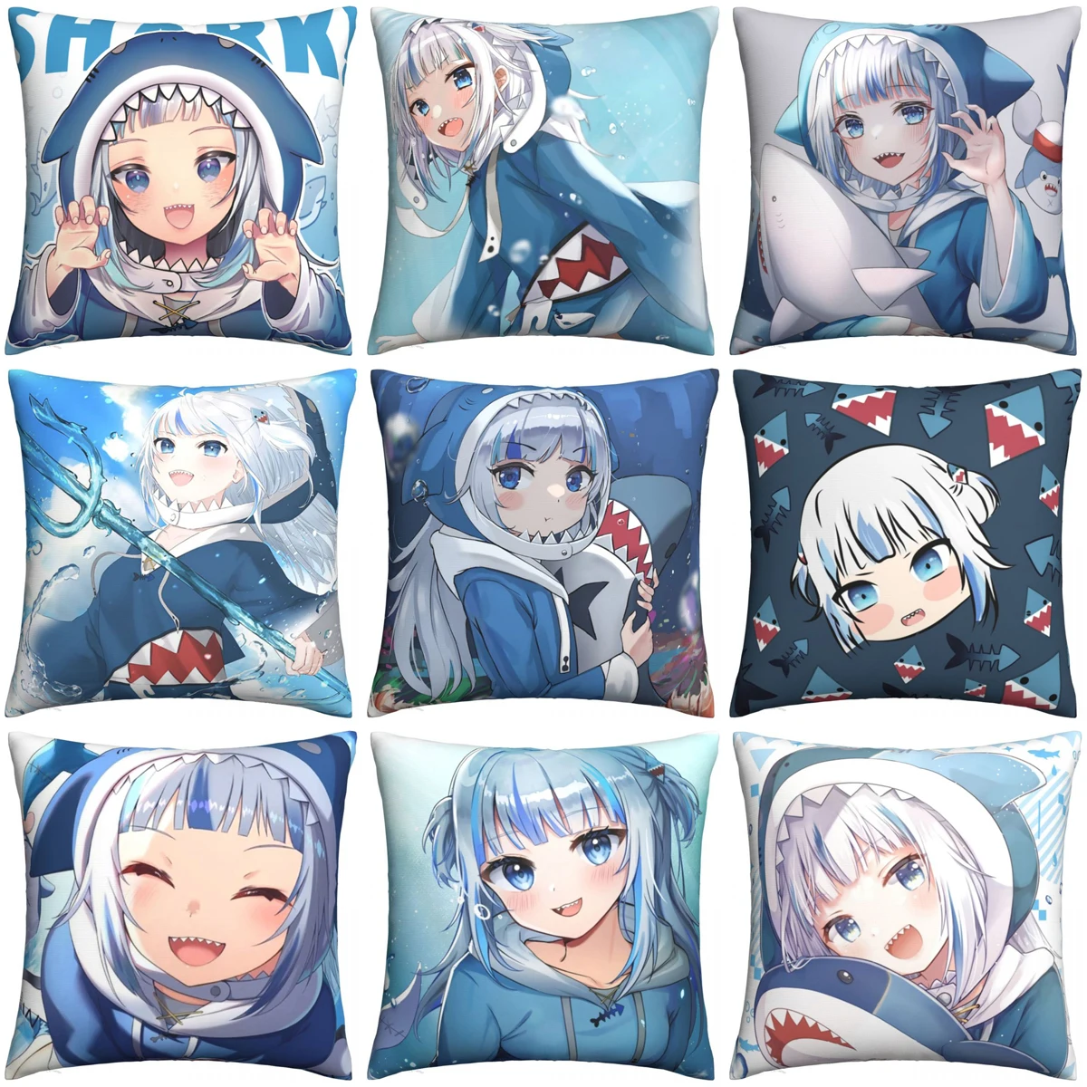 Gawr Gura Anime Pillow Cases Shark Girls Hololive Kawaii Cushion Cover Vintage Zippered Throw Pillow Case Cover for Sofa 18