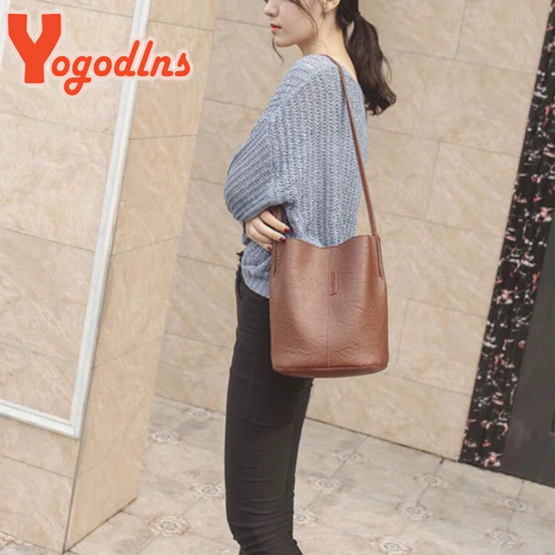 Yogodlns Vintage Shoulder Bag For Women PU Leather Bucket Bag Casual Handle Bag Large Capacity Brand Crossbody Bag Lady Handbag