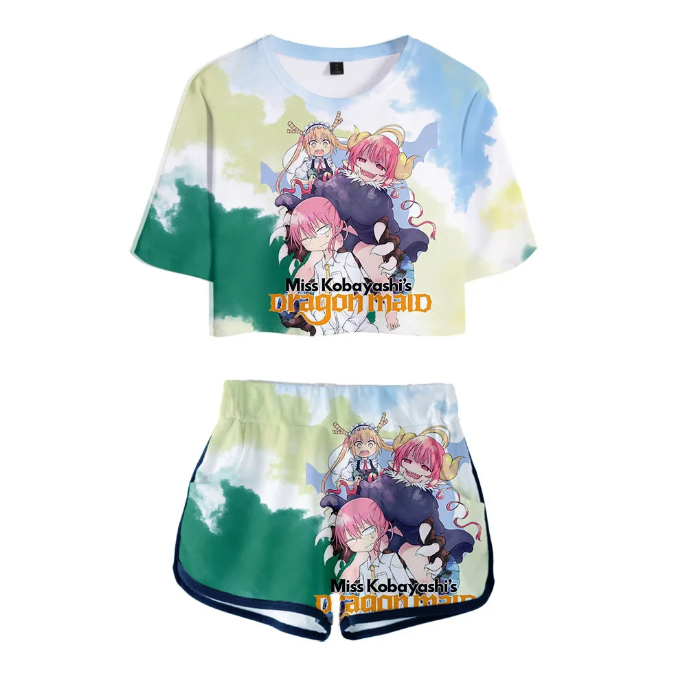 Anime Miss Kobayashi's Dragon Maid Kanna Kamui Tohru Cosplay Costume Short Sleeve Crop Top + Shorts Sweat Suit Women 2 Piece Set