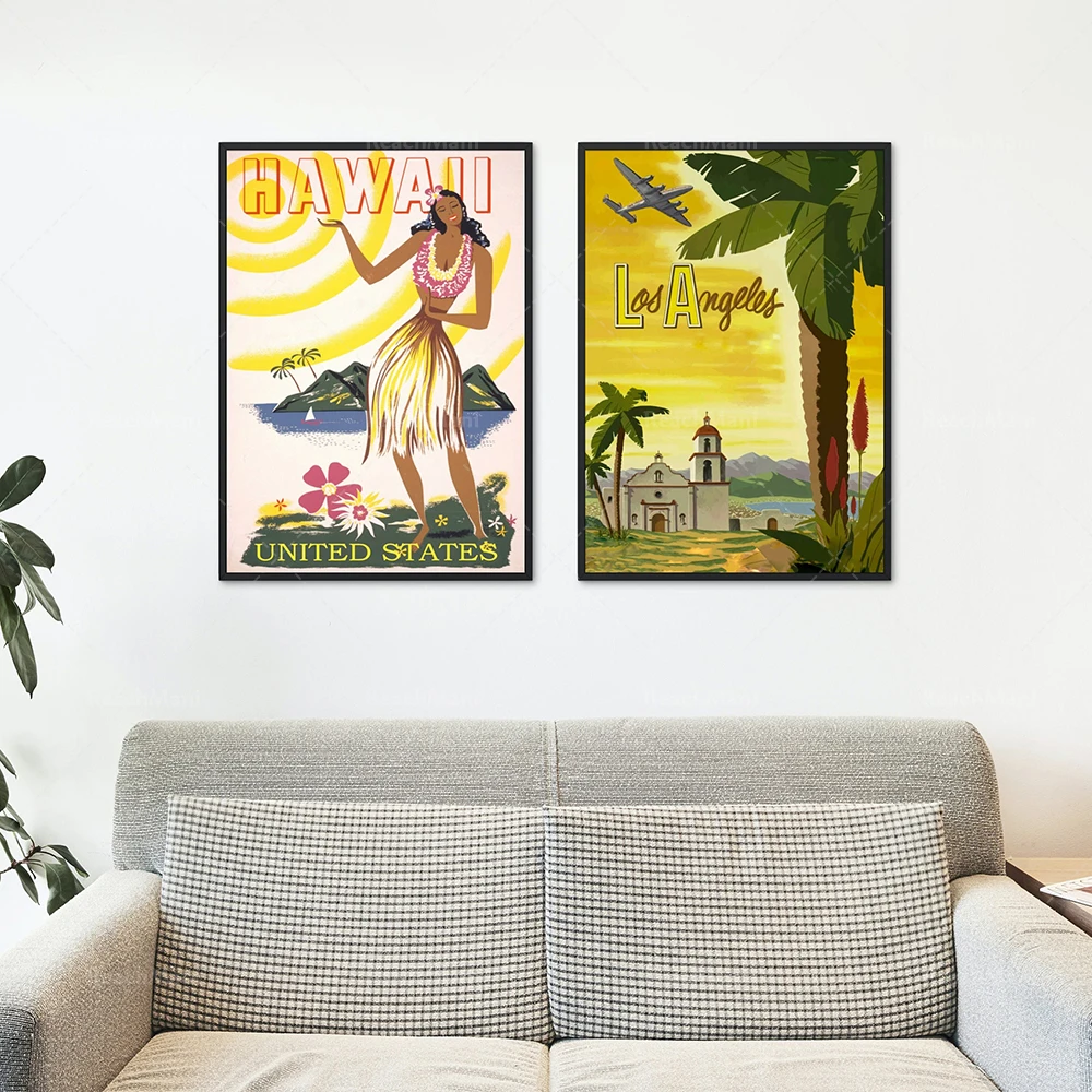 مطبوعات السفر الأمريكية الرجعية لوس أنجلوس، مطبوعات شاطئ هاواي، ملصقات أرضية العطلات الجمالية القديمة، اتجاهات الموضة #2