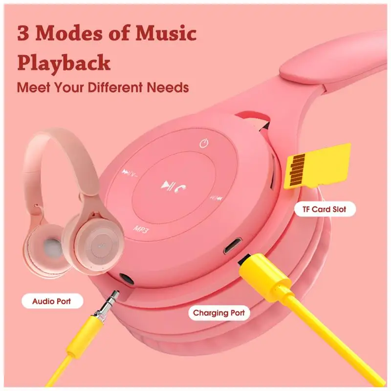 Bluetooth 5 0 Headphone Wireless Head Mount Headphone TF Card Rechargeable Headset with Mic  Pink