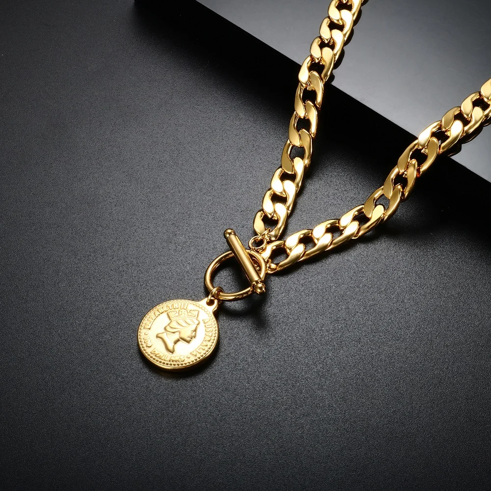 ZMFashion Vintage Punk Coin Chains Choker Necklace For Women Men Gothic Stainless Steel OT Buckle Portrait Chunky Chain Jewelry