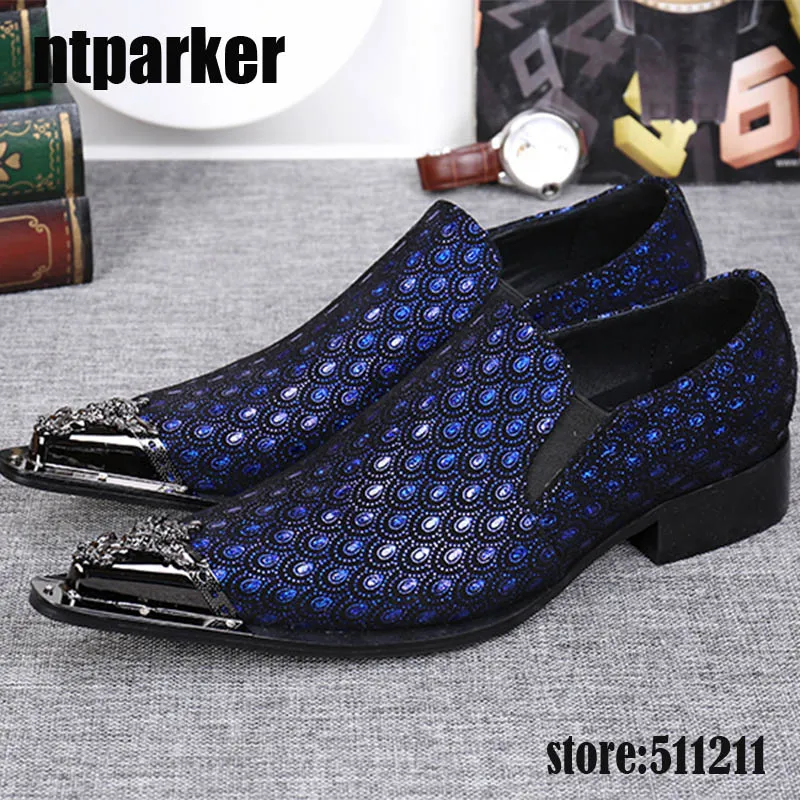 

ntparker Western Fashion Pointed Metal Toe Dress Shoes Blue/Grey Party Wedding Leather Shoes for Men, EU38-46!