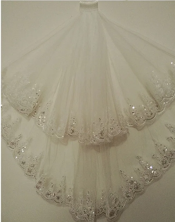 Véu de casamento com apliques de renda longa com pente, tule elegante, duas camadas, barato, 75cm