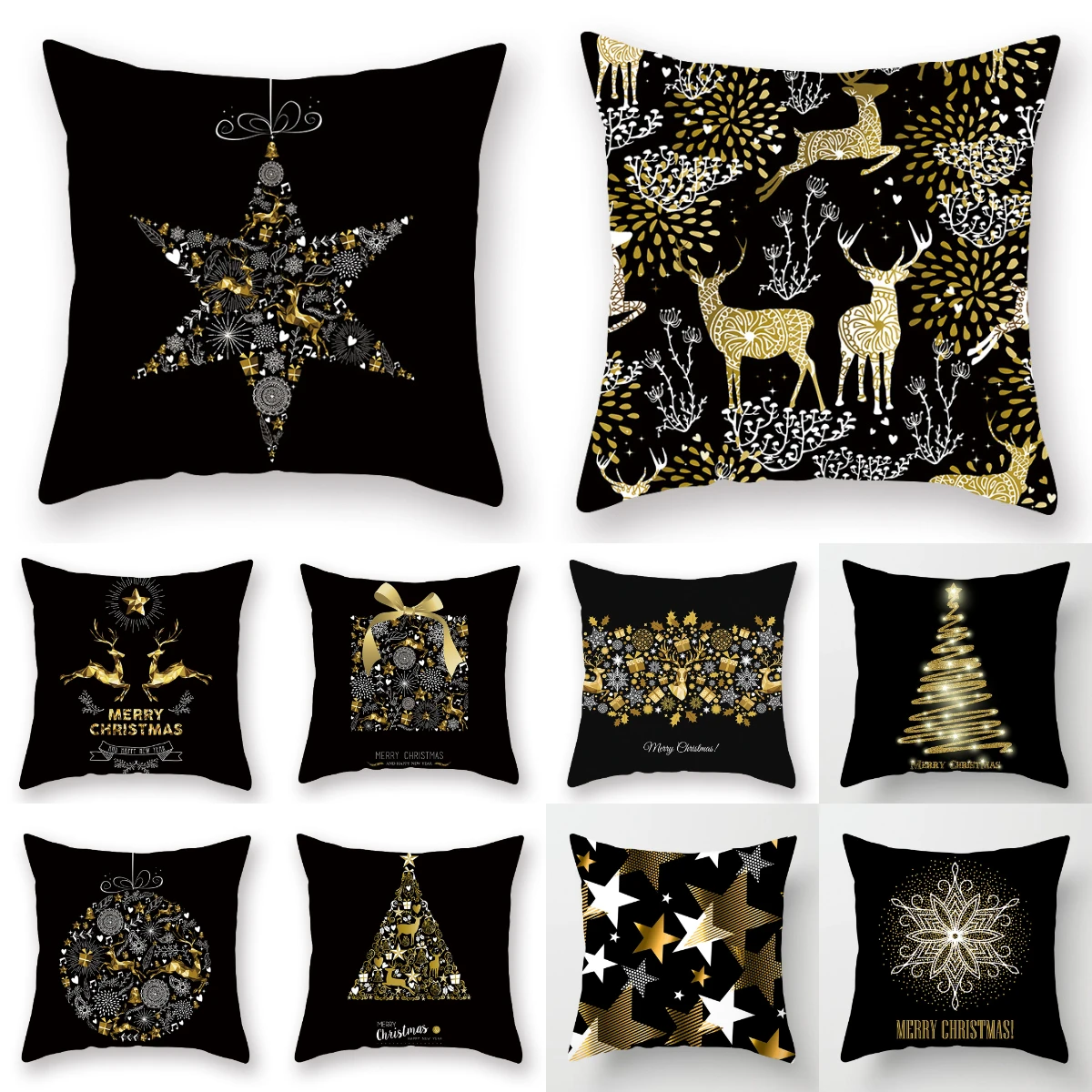 Gold Bronzing Black Cotton Polyester Merry Christmas Cushion Cover Christmas Decor for Home Happy New Year Decor Hot Xmas Gift